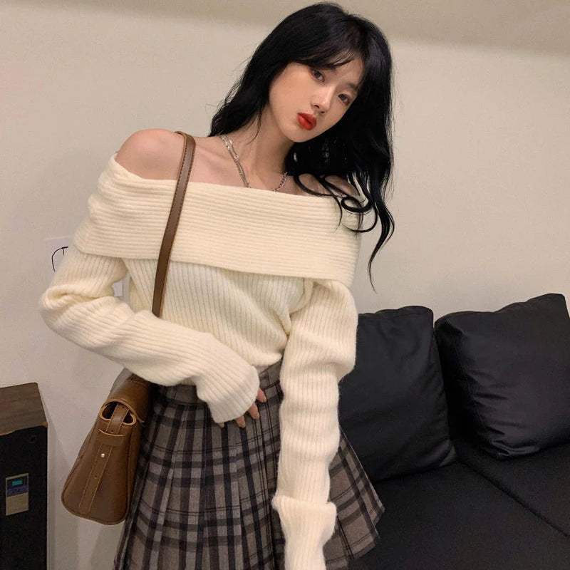 Lucyever Women’s Slash Neck Knitted Sweater – Sexy Off-Shoulder Slim Fit Long Sleeve Pullover, Korean Elegant Thick Jumper for Autumn/Winter
