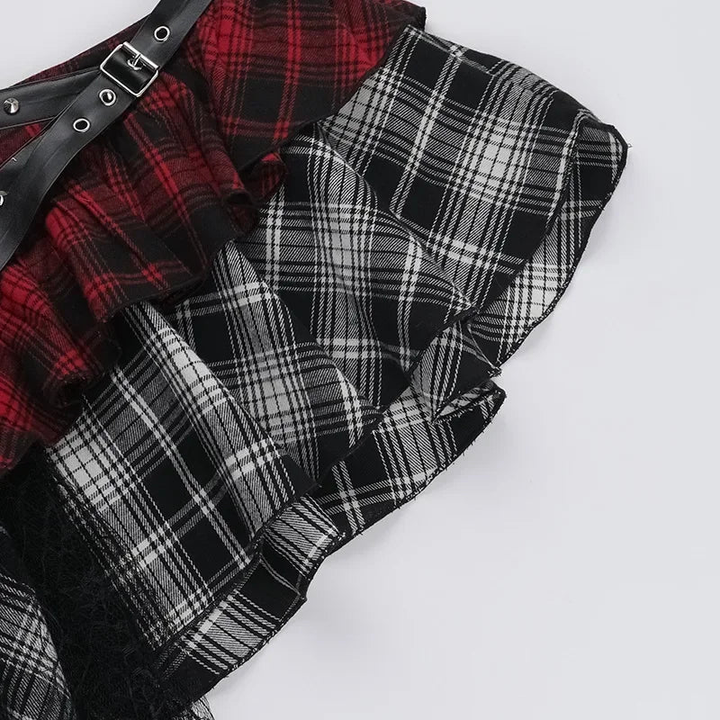 Gothic Plaid Mini Skirt – Y2K Punk Rock High Waist Irregular Skirt with Lace Detail