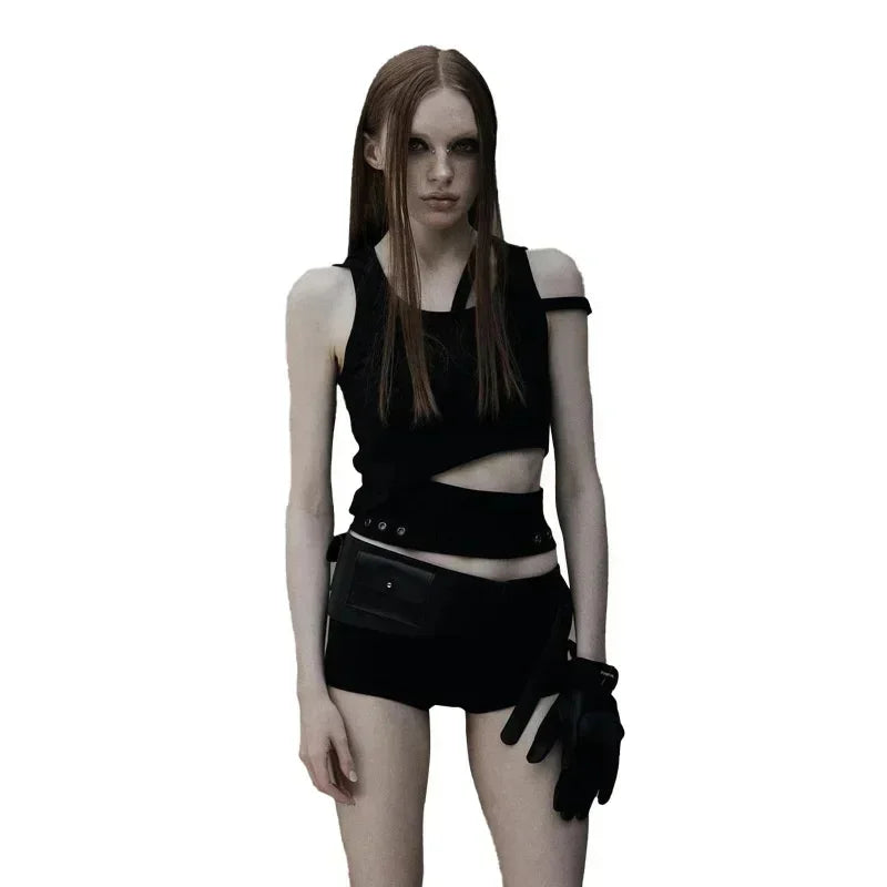 Edgy Punk Hooded Crop Top for Women – Street Fashion Sleeveless Tee, New 2025 Style