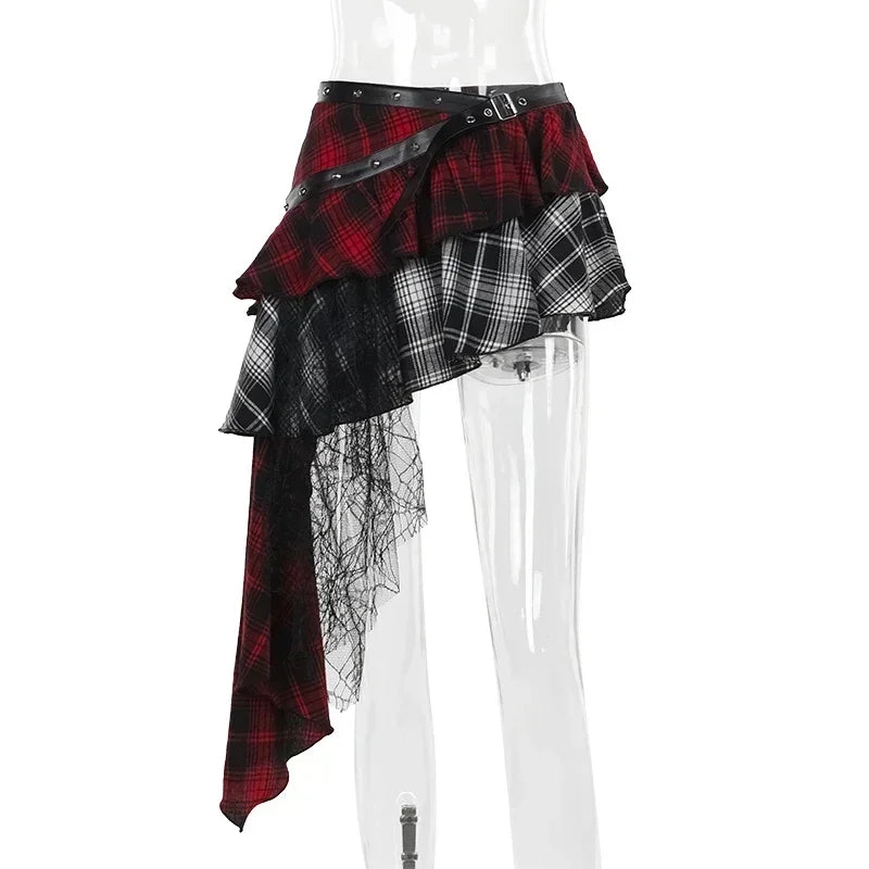 Gothic Plaid Mini Skirt – Y2K Punk Rock High Waist Irregular Skirt with Lace Detail
