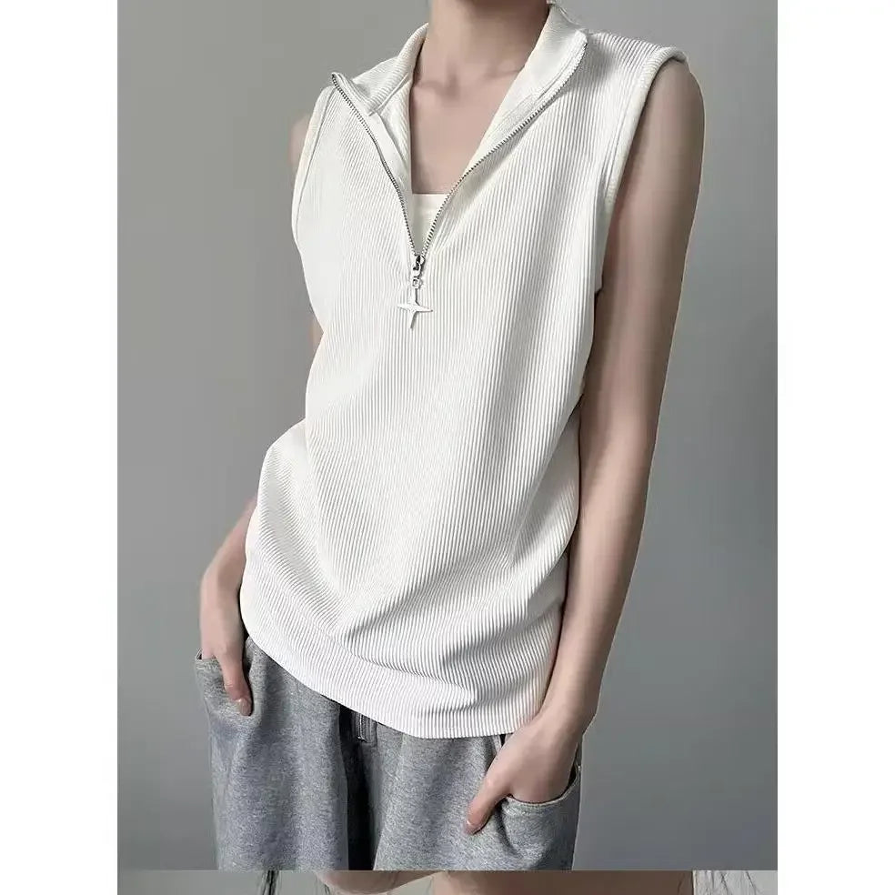 Vintage Stand Neck Zipper T-shirts Sleeveless Tanks Y2k Aesthetic Solid Camisoles Gothic Tank Top Men and Women Harajuku Punk