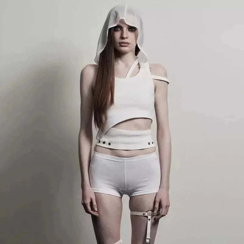 Edgy Punk Hooded Crop Top for Women – Street Fashion Sleeveless Tee, New 2025 Style