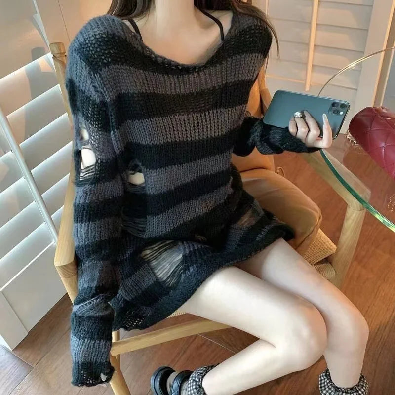Punk Rock Distressed Sweater – Loose Striped Knit Pullover, Gothic Fashion