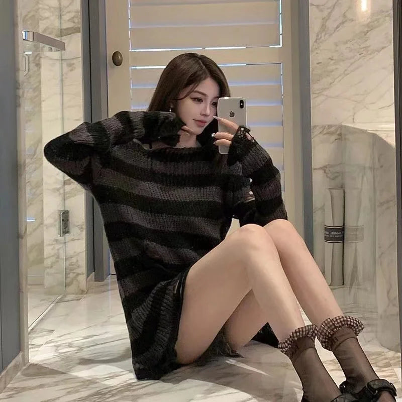 Punk Rock Distressed Sweater – Loose Striped Knit Pullover, Gothic Fashion