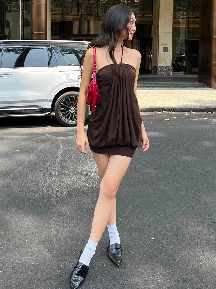 Dulzura Sexy Mini Halter Ruched Backless Short Dress Solid Sleeveless Women Dresses Summer Lady Party Birthday Club Clothes Y2K