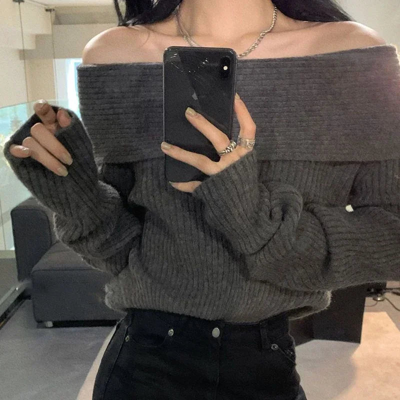 Lucyever Women’s Slash Neck Knitted Sweater – Sexy Off-Shoulder Slim Fit Long Sleeve Pullover, Korean Elegant Thick Jumper for Autumn/Winter