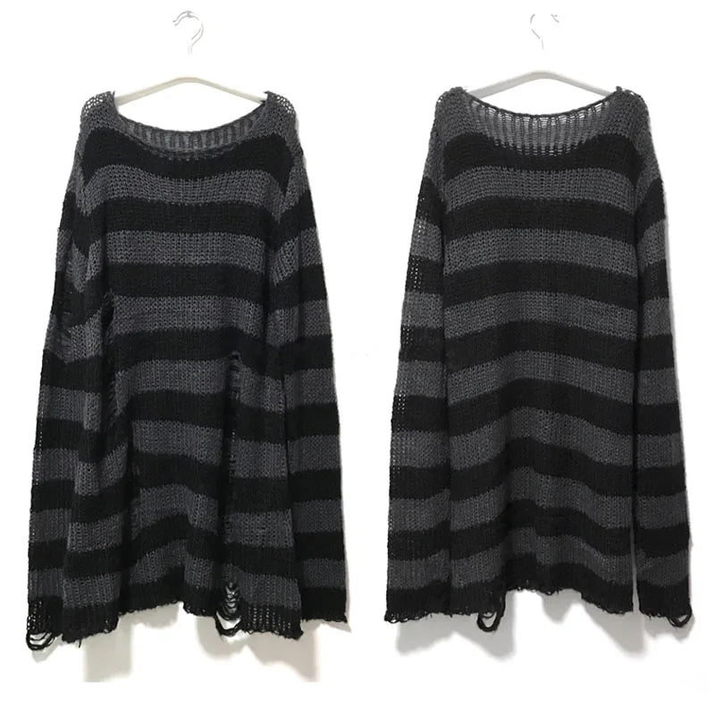 Punk Rock Distressed Sweater – Loose Striped Knit Pullover, Gothic Fashion