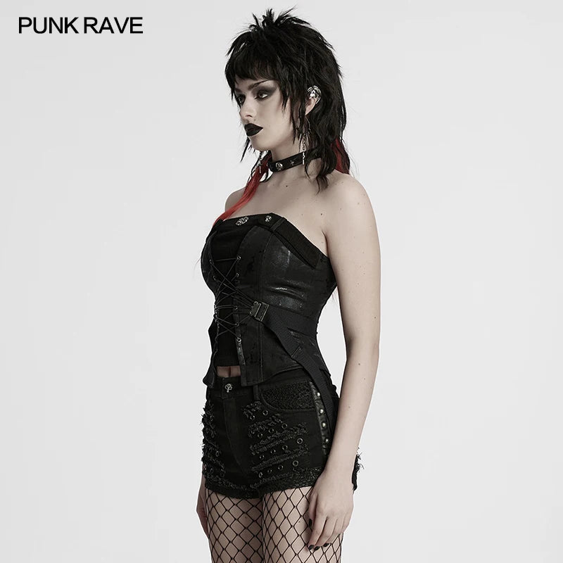 PUNK RAVE Slim Fit Punk Tube Top – Women’s Sexy Bustier Style, Printed Woven Patchwork, Sleeveless Tee, Avant-Garde Summer Fashion