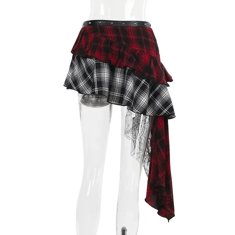 Gothic Plaid Mini Skirt – Y2K Punk Rock High Waist Irregular Skirt with Lace Detail