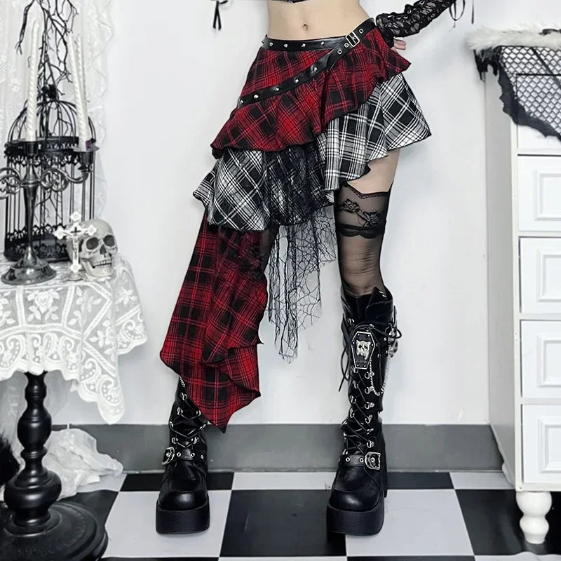 Gothic Plaid Mini Skirt – Y2K Punk Rock High Waist Irregular Skirt with Lace Detail