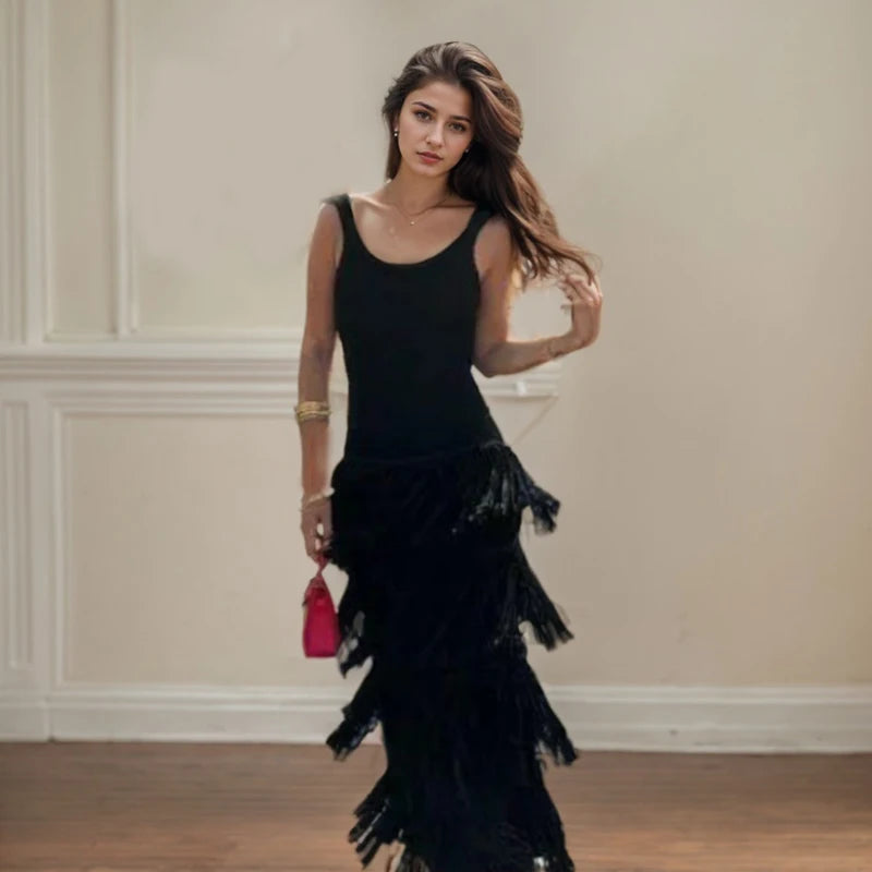 Vintage Knitted Tassel Dress – Elegant Backless U-Neck Long Maxi Dress for Women