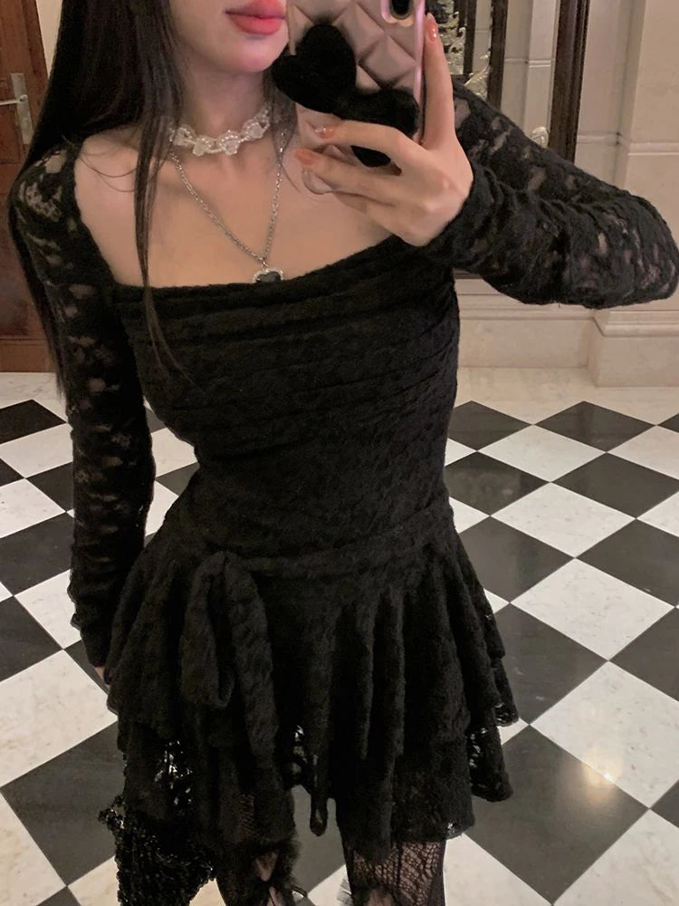 Gothic Black Lace Dress Women Y2K Fall Vintage Elegant Square Collar Purple Mini Dress Streetwear Sexy Slim Party Vestidos New