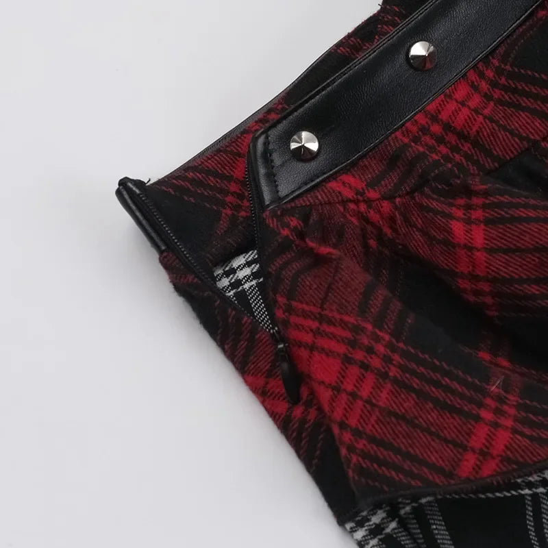 Gothic Plaid Mini Skirt – Y2K Punk Rock High Waist Irregular Skirt with Lace Detail
