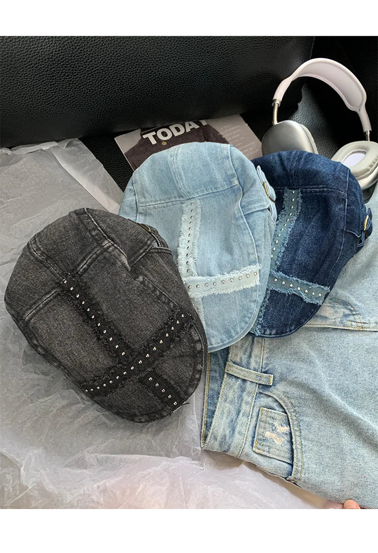 Women’s Retro Black Denim Beret – Vintage Washed Riveted Cap, Y2K Streetwear Fashion Hat for Girls