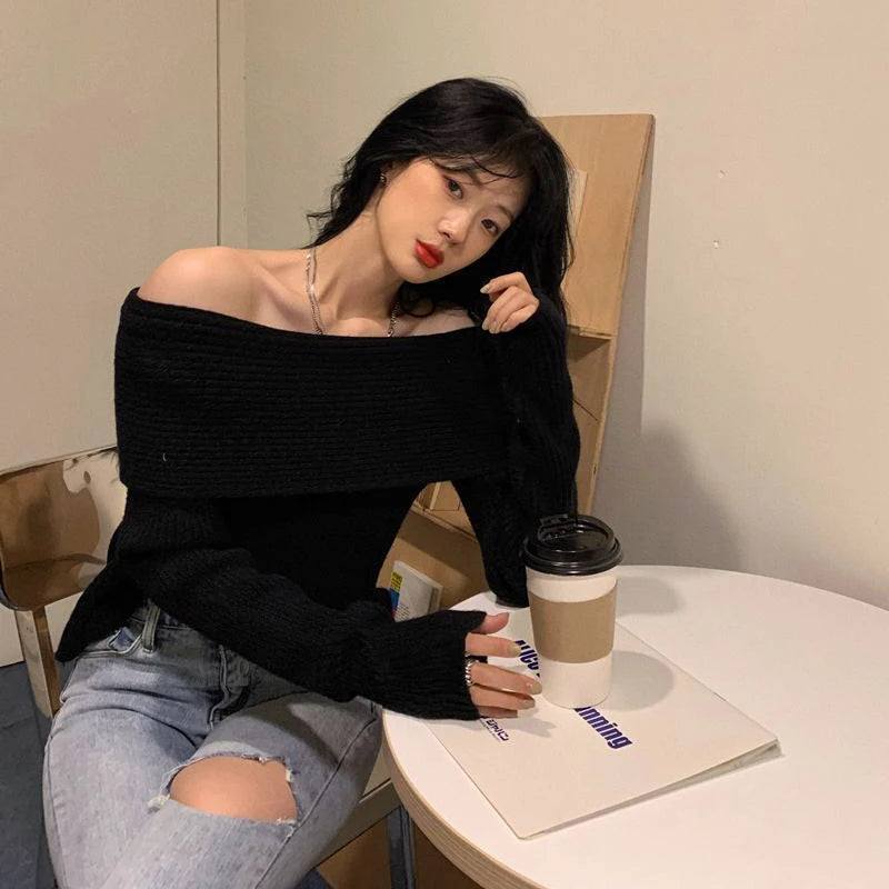 Lucyever Women’s Slash Neck Knitted Sweater – Sexy Off-Shoulder Slim Fit Long Sleeve Pullover, Korean Elegant Thick Jumper for Autumn/Winter
