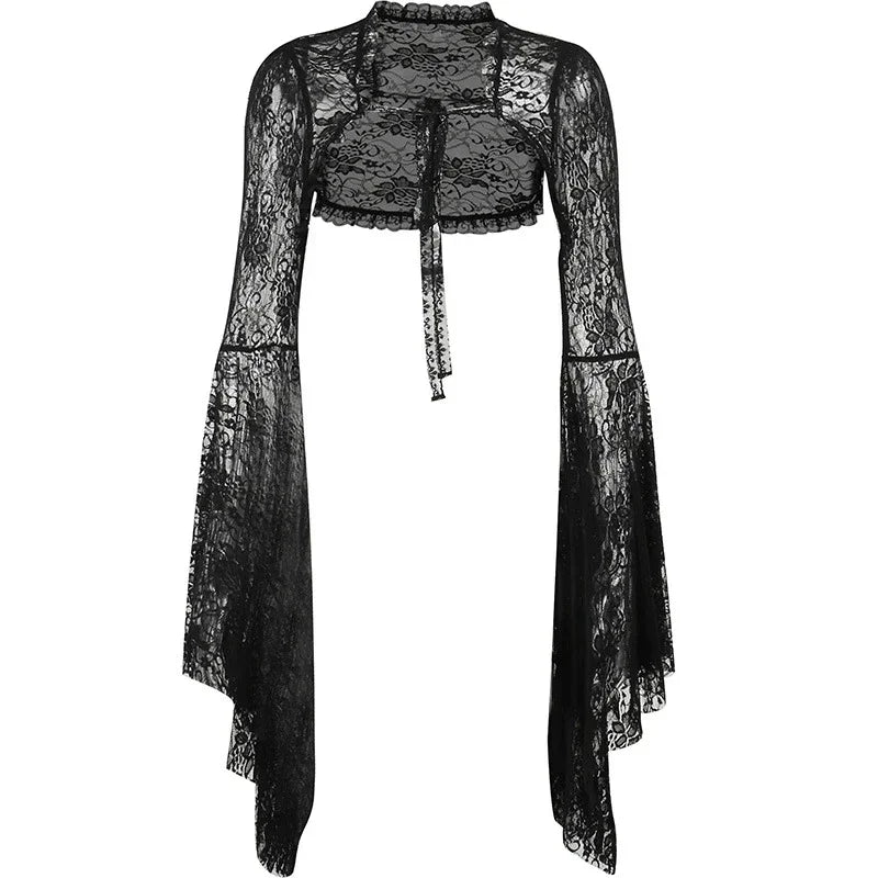 Lobovootd Gothic Lace Mesh Shrug Cardigan – Long Sleeve Cropped Top for Cosplay, Harajuku, and Streetwear Fashion