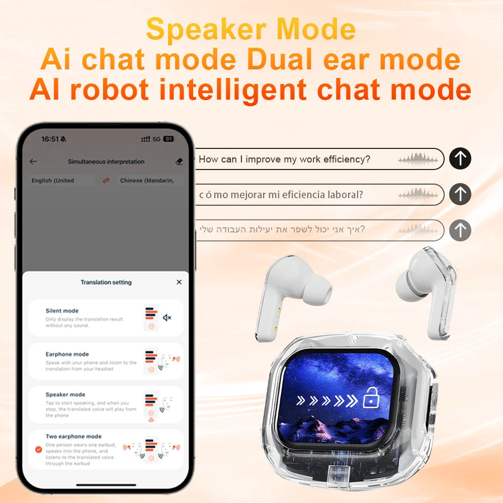 Translation Headphones with Touch Screen Wireless Bluetooth 5.4 Smart Earphone HiFi Audio High Quality Transparent Case Headset