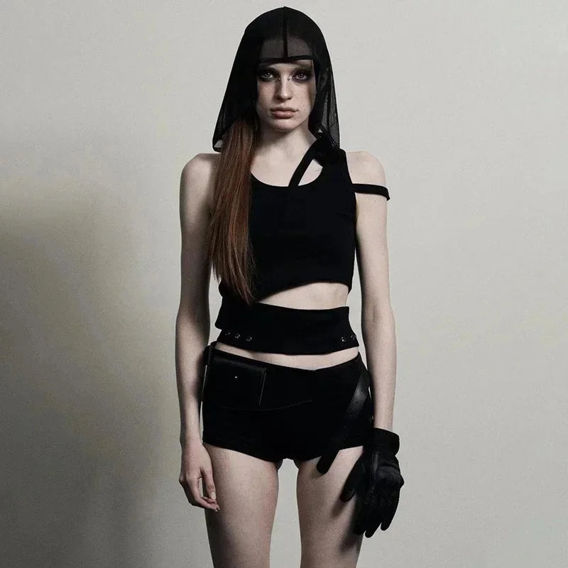 Edgy Punk Hooded Crop Top for Women – Street Fashion Sleeveless Tee, New 2025 Style