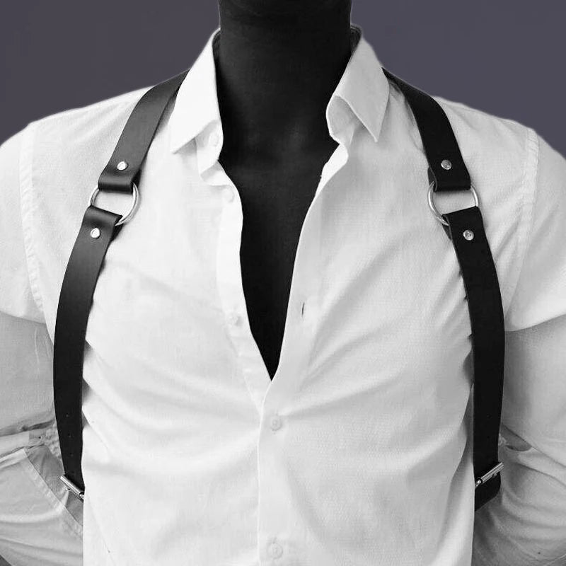 UYEE Cool Rock Men's Belt PU Leather Harness Strap Costume Sexy Shoulder Belt Body Chest Chain Metal Ring Y2k Accessories