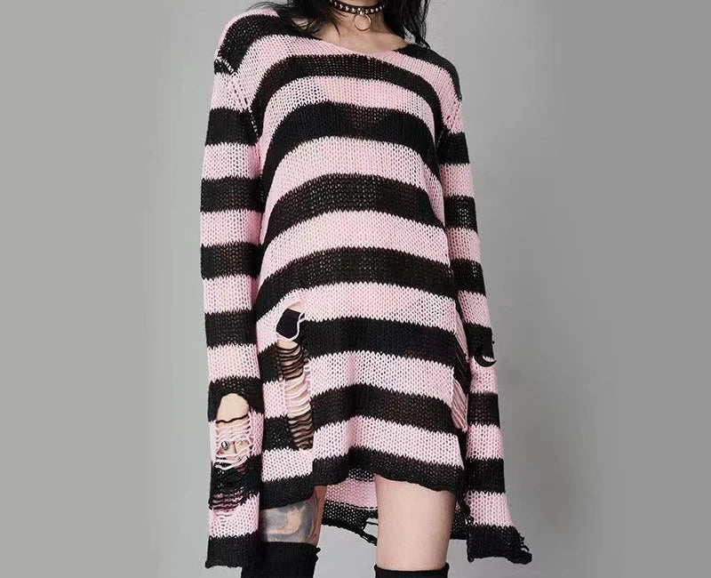 Punk Rock Distressed Sweater – Loose Striped Knit Pullover, Gothic Fashion