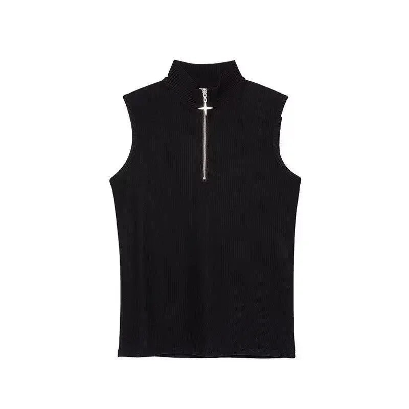 Vintage Stand Neck Zipper T-shirts Sleeveless Tanks Y2k Aesthetic Solid Camisoles Gothic Tank Top Men and Women Harajuku Punk