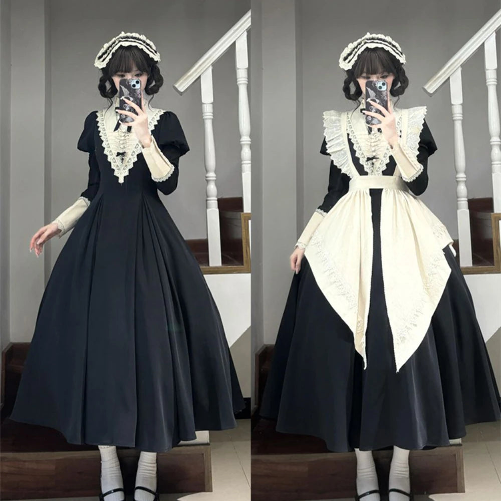 Autumn and Winter New Black Bubble Sleeve Lolita Dress Women Japanese Maid Apron Two-piece Suit Dress for Girls