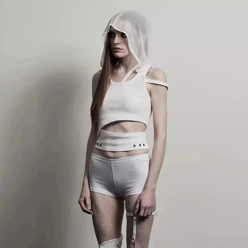 Edgy Punk Hooded Crop Top for Women – Street Fashion Sleeveless Tee, New 2025 Style