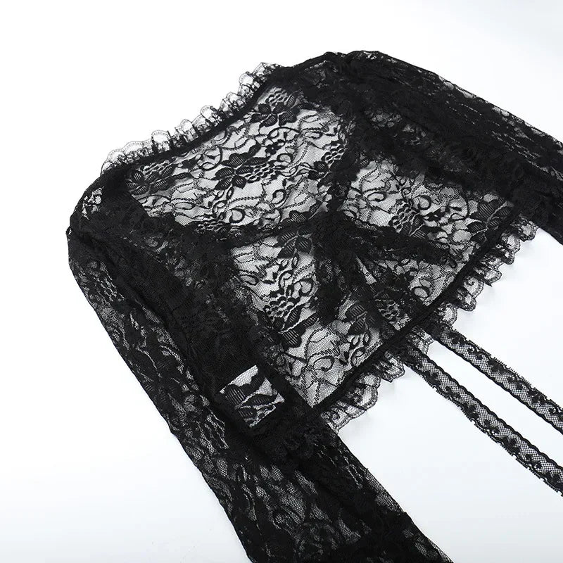 Lobovootd Gothic Lace Mesh Shrug Cardigan – Long Sleeve Cropped Top for Cosplay, Harajuku, and Streetwear Fashion
