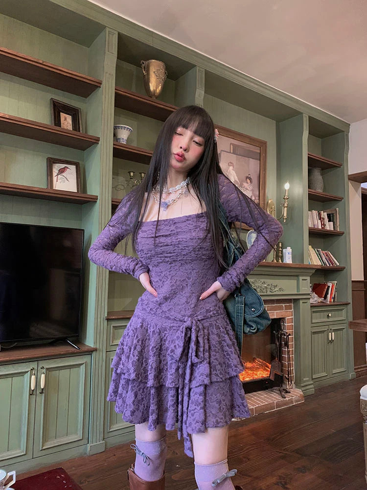 Gothic Black Lace Dress Women Y2K Fall Vintage Elegant Square Collar Purple Mini Dress Streetwear Sexy Slim Party Vestidos New