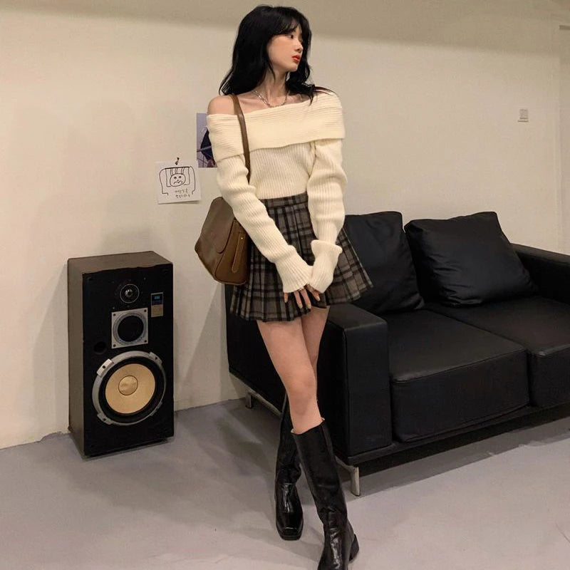Lucyever Women’s Slash Neck Knitted Sweater – Sexy Off-Shoulder Slim Fit Long Sleeve Pullover, Korean Elegant Thick Jumper for Autumn/Winter