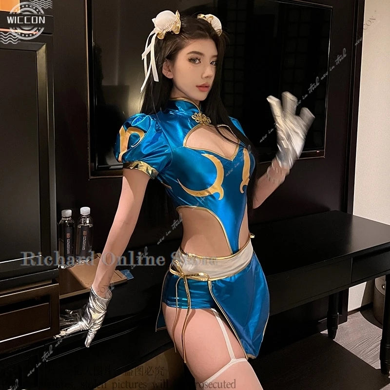 Chun-Li Cosplay Costume Set – Cheongsam Dress with Accessories (Tops, Pants, Apron, Headwear, Socks & Gloves) for Parties, Conventions & Festivals