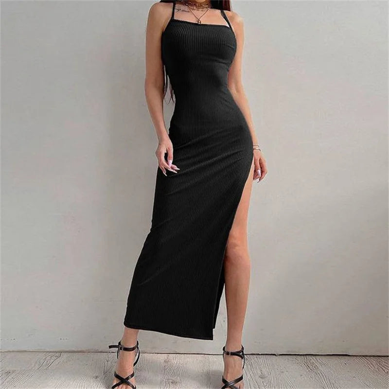Sexy Maxi Bodycon Dress – Black Halter Spaghetti Strap Sleeveless Backless for Women