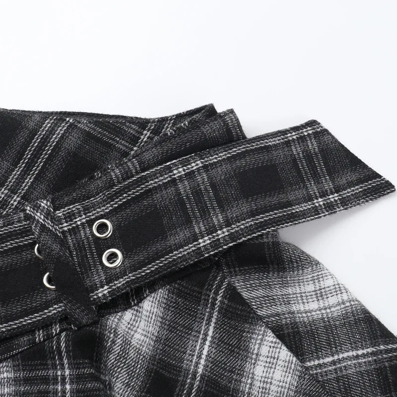 Dark Punk Goth Skirt – Irregular Hem, Plaid Pleated Mini, Women’s Y2K Streetwear Alt Fashion
