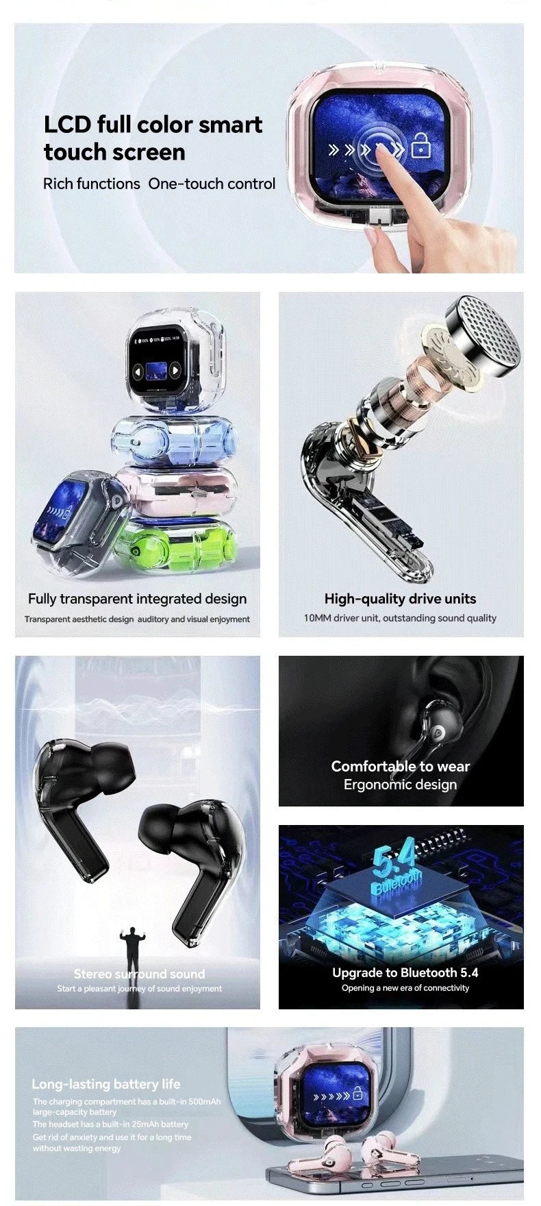 Translation Headphones with Touch Screen Wireless Bluetooth 5.4 Smart Earphone HiFi Audio High Quality Transparent Case Headset