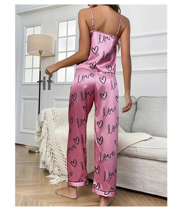 Women Letter Print Satin Pajama Set Chic V-Neck & Backless Cami Tops and Pants Pyjama 2 Pieces Soft Women's Sleepwear Loungewear