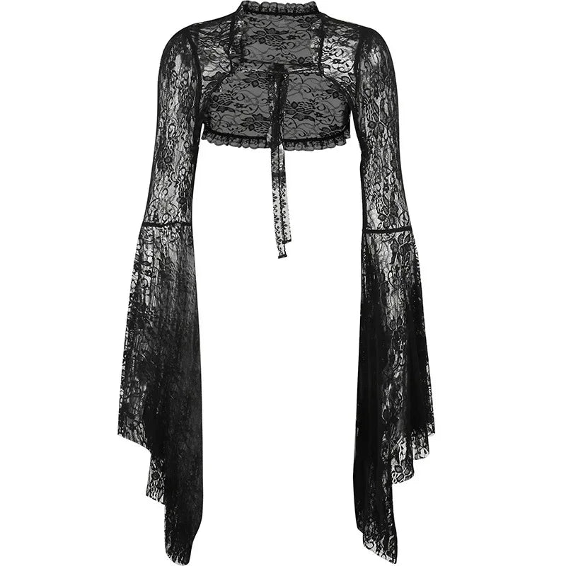 Lobovootd Gothic Lace Mesh Shrug Cardigan – Long Sleeve Cropped Top for Cosplay, Harajuku, and Streetwear Fashion