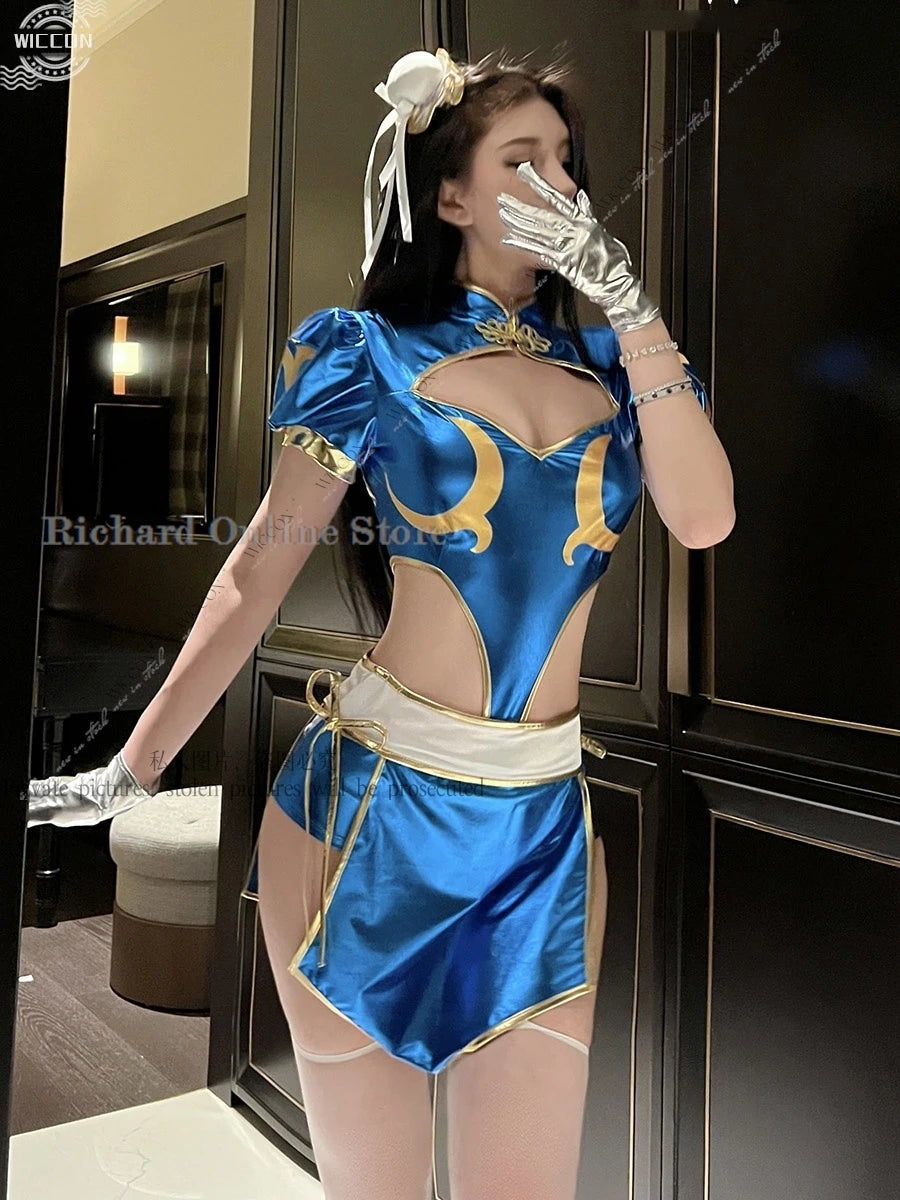 Chun-Li Cosplay Costume Set – Cheongsam Dress with Accessories (Tops, Pants, Apron, Headwear, Socks & Gloves) for Parties, Conventions & Festivals