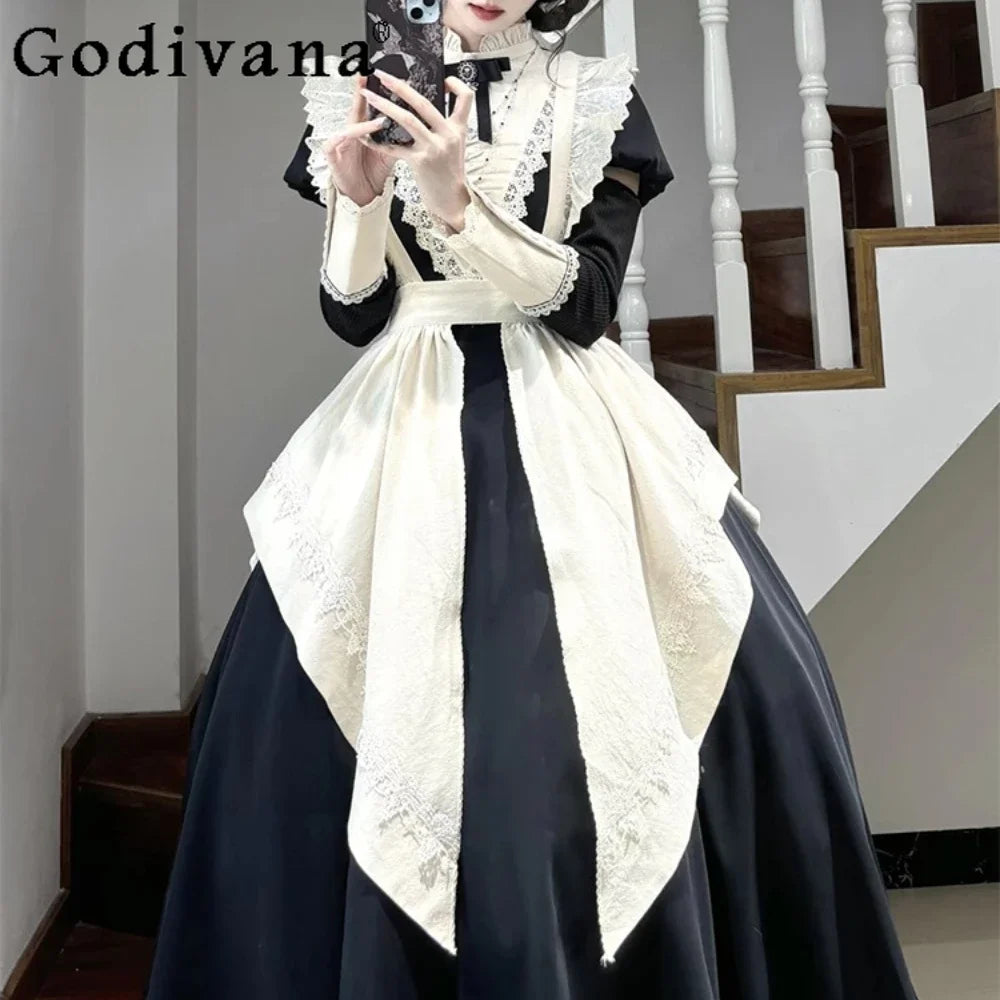 Autumn and Winter New Black Bubble Sleeve Lolita Dress Women Japanese Maid Apron Two-piece Suit Dress for Girls