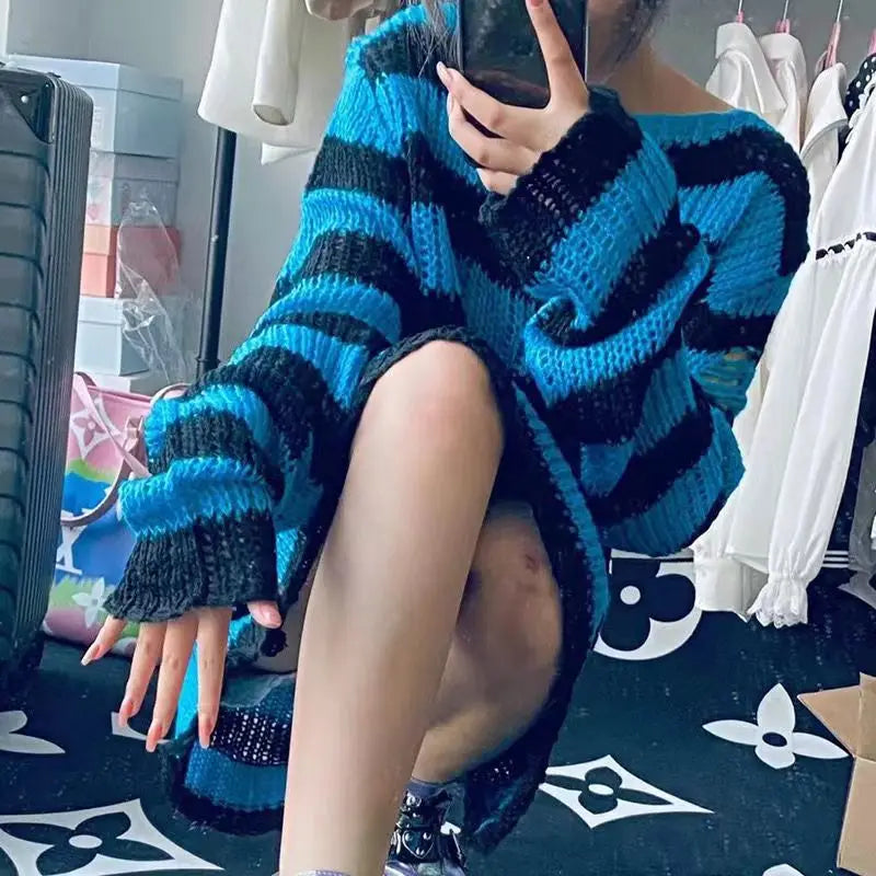 Punk Rock Distressed Sweater – Loose Striped Knit Pullover, Gothic Fashion