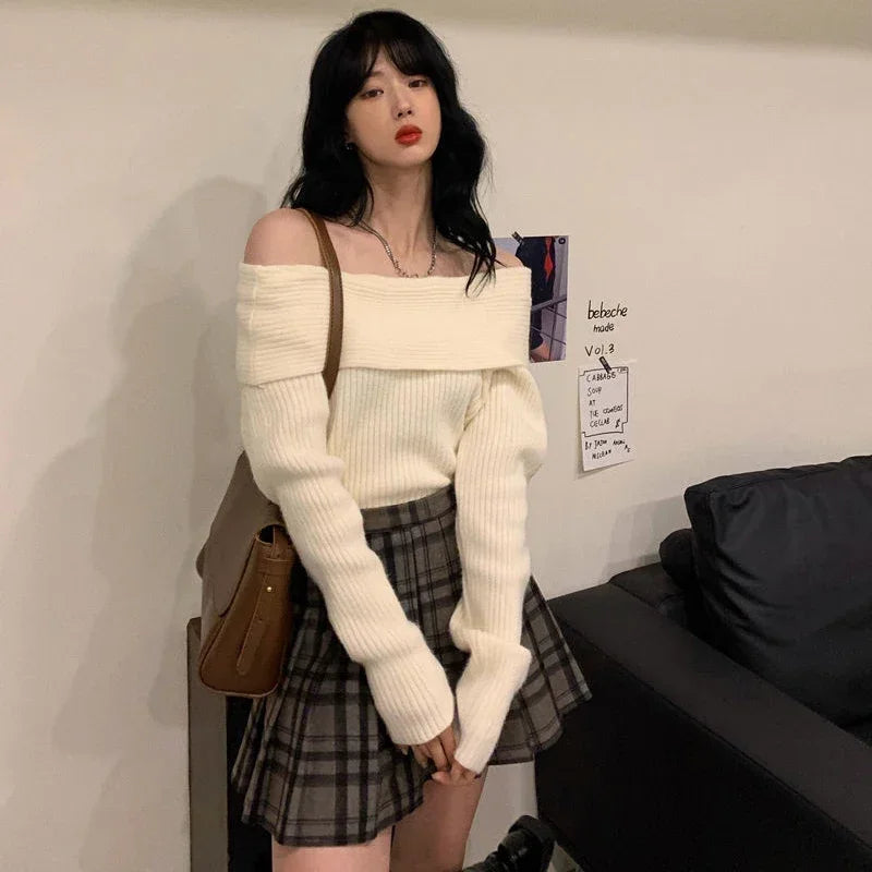 Lucyever Women’s Slash Neck Knitted Sweater – Sexy Off-Shoulder Slim Fit Long Sleeve Pullover, Korean Elegant Thick Jumper for Autumn/Winter