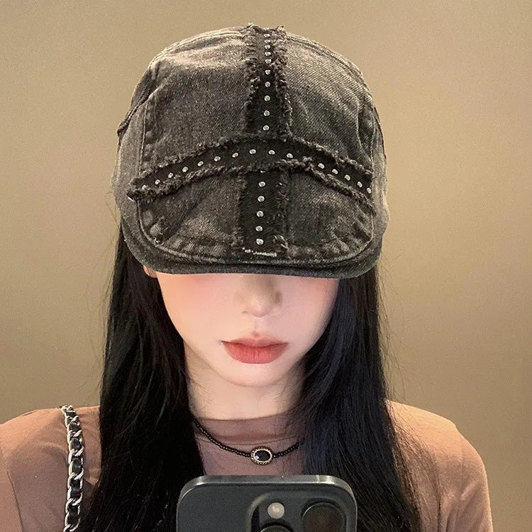 Women’s Retro Black Denim Beret – Vintage Washed Riveted Cap, Y2K Streetwear Fashion Hat for Girls