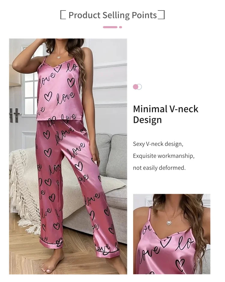 Women Letter Print Satin Pajama Set Chic V-Neck & Backless Cami Tops and Pants Pyjama 2 Pieces Soft Women's Sleepwear Loungewear