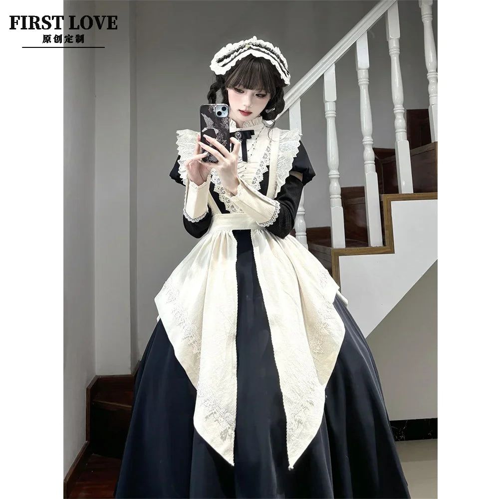 2025 Spring New Black Gothic Premium Bubble Long Sleeve Lolita Dress Female Japanese Maid Apron Long Dress Two-piece Sets Women