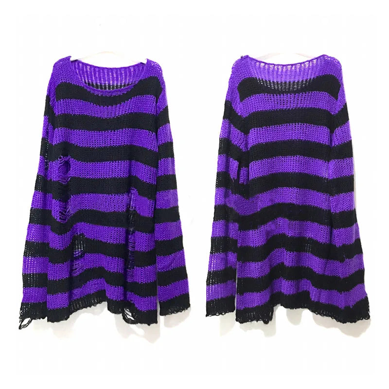 Punk Rock Distressed Sweater – Loose Striped Knit Pullover, Gothic Fashion