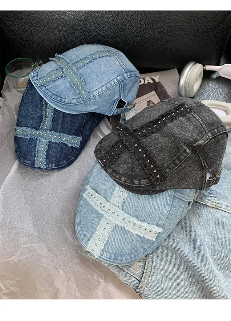 Women’s Retro Black Denim Beret – Vintage Washed Riveted Cap, Y2K Streetwear Fashion Hat for Girls