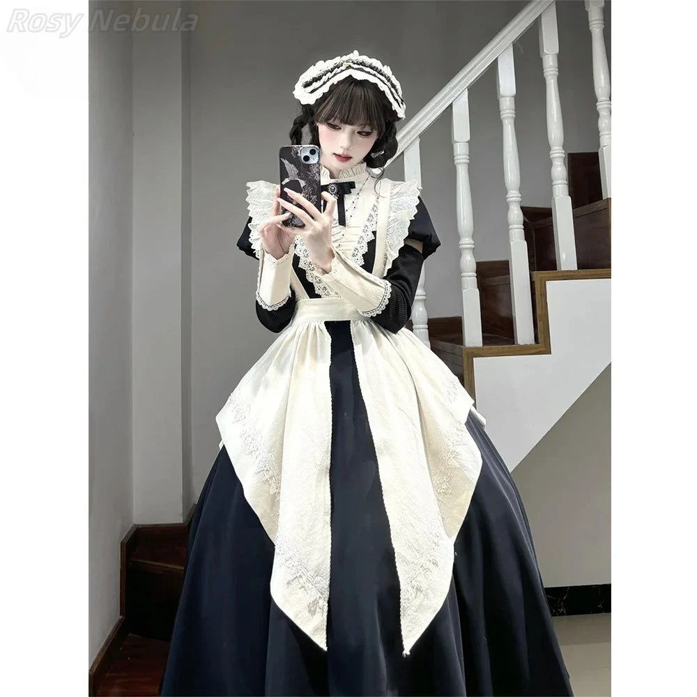 2025 Spring New Black Gothic Premium Bubble Long Sleeve Lolita Dress Female Japanese Maid Apron Long Dress Two-piece Sets Women