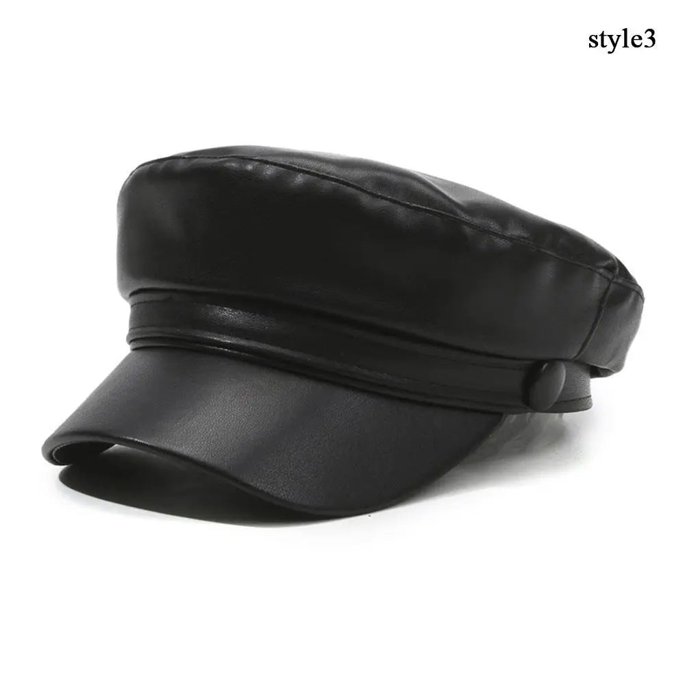 Retro England Black Leather Cap – Women’s Vintage Painter Hat, Flat Newsboy & Military Style Outdoor Cap