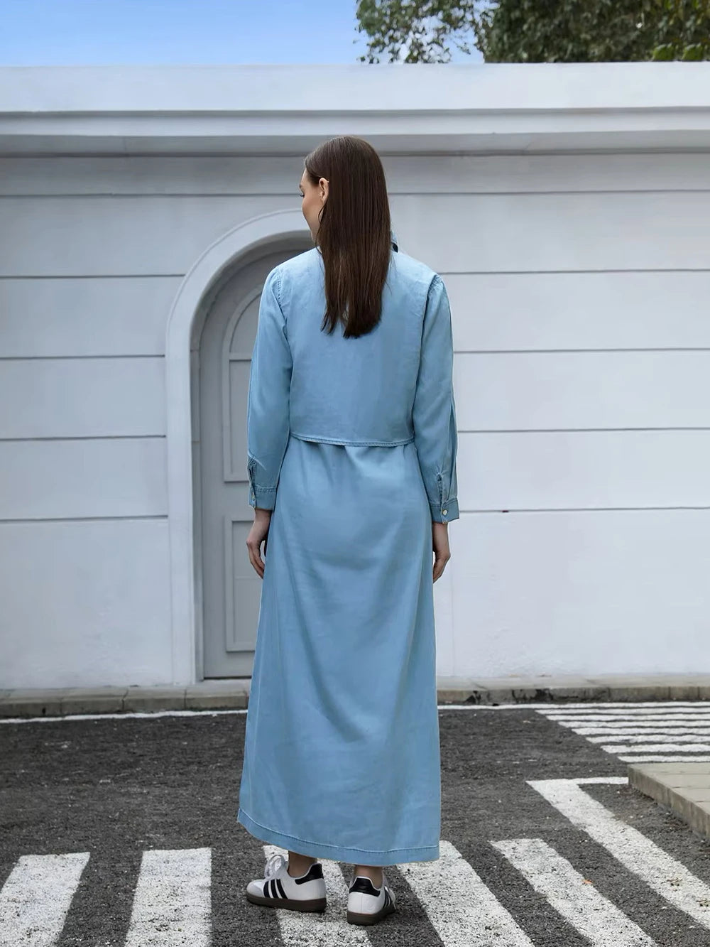 SOUTH TAO Lightweight Denim Wrap Blouse & Slip Dress – Women’s Ankle-Length A-Line Dress with Spaghetti Straps, Casual Spring Outfit