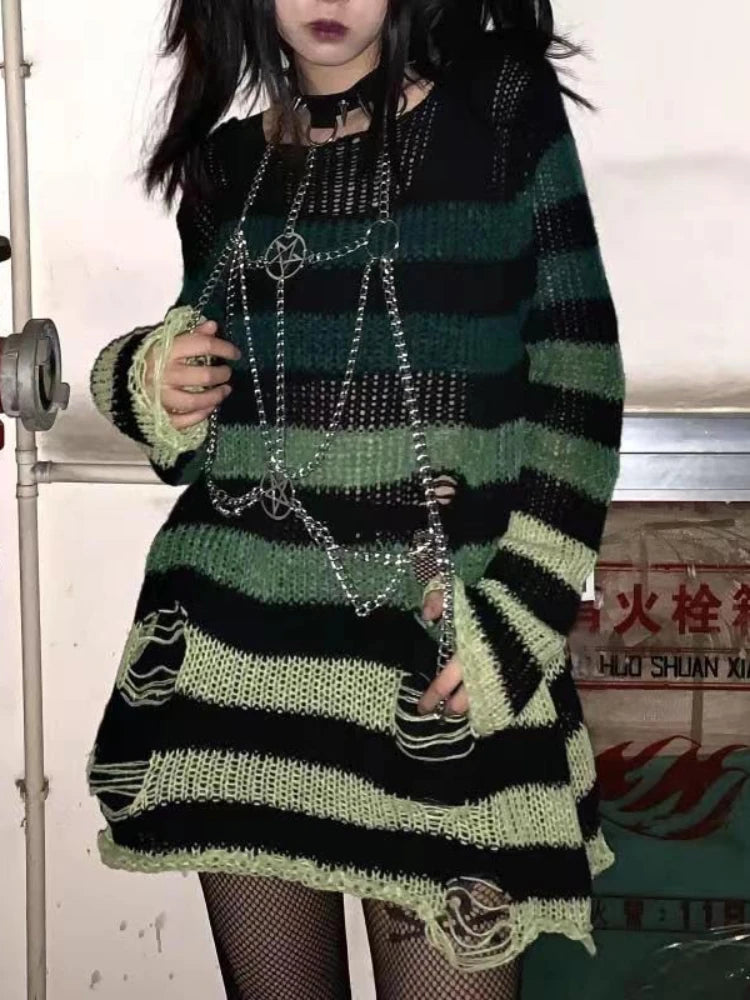 Punk Rock Distressed Sweater – Loose Striped Knit Pullover, Gothic Fashion