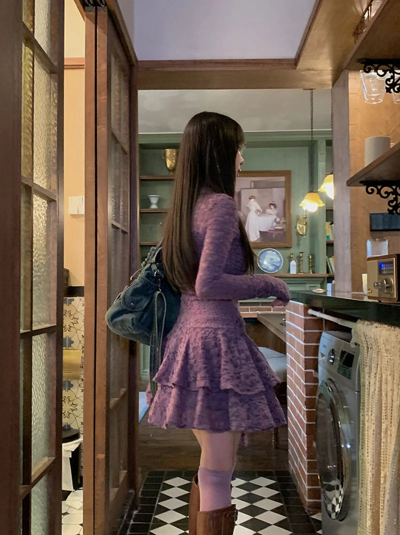 Gothic Black Lace Dress Women Y2K Fall Vintage Elegant Square Collar Purple Mini Dress Streetwear Sexy Slim Party Vestidos New